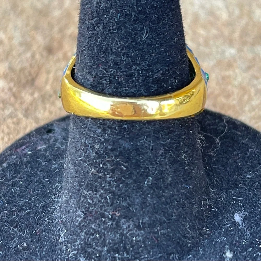 Blue fashion stone w/blue & gold enamel floral cloisonné ring w/rhinestones - Picture 5 of 7